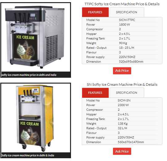 ice cream machine price list